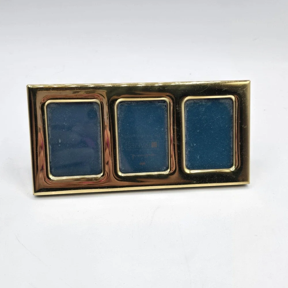 Vintage Brass Triple Picture Frame Hallmark For 2x3 Photos Easel Back Tabletop